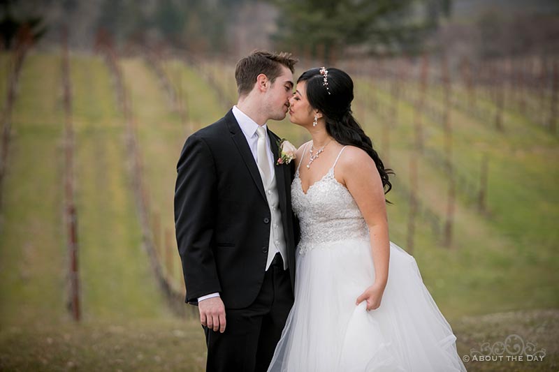 Bride and Groom kiss in the vineyard at Zenith Vineyards