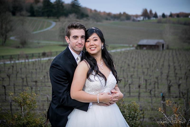 Garret & Eugenia snuggle in the fading light at Zenith Vineyards