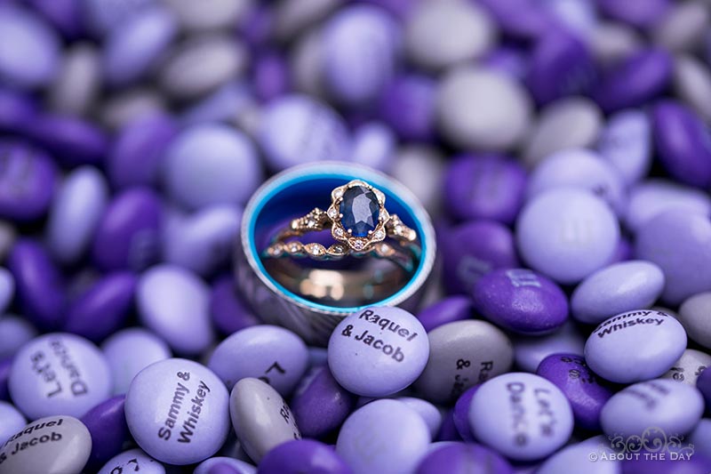 Jacob & Raquel's rings with special purple M&Ms