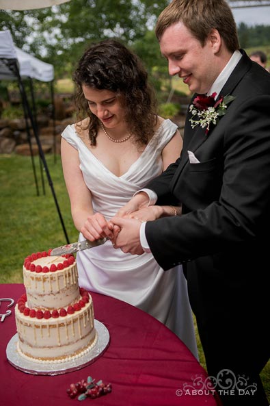 The bride and groom cut their wedding cake