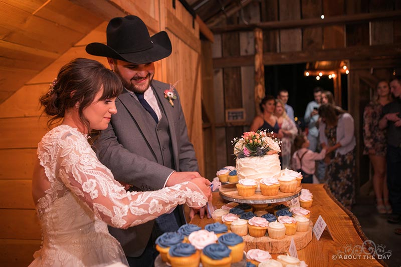 James & Courtney cut their wedding cake at The Barn At Blue Meadows